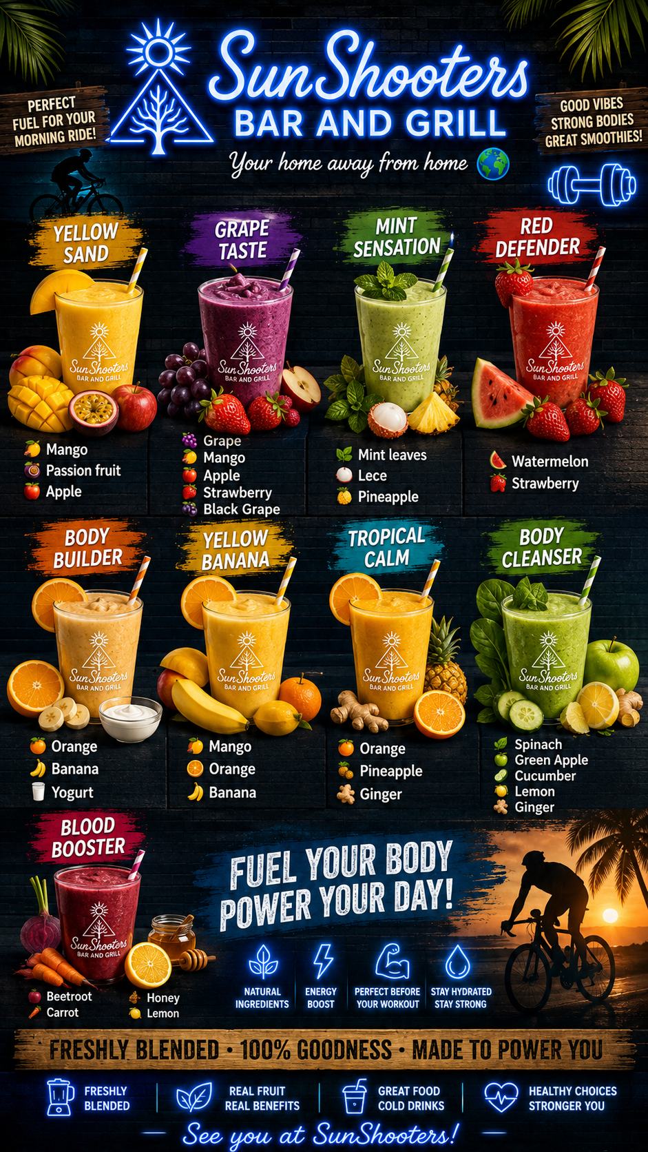 Sunrise Smoothies menu — Yellow Sand, Grape Taste, Mint Sensation, Red Defender, Body Builder, Yellow Banana, Tropical Calm, Body Cleanser and Blood Booster, all Rp 65