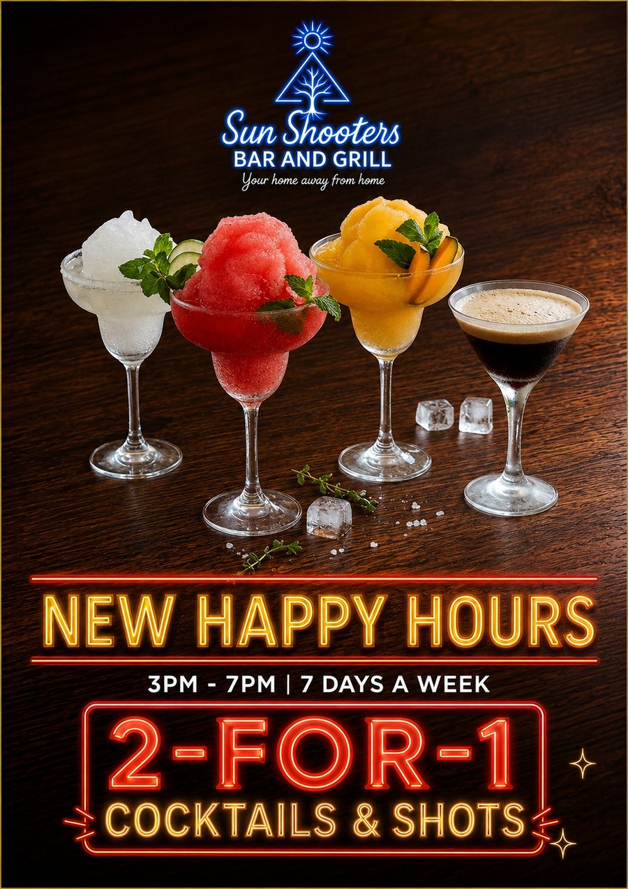 New happy hours 3pm to 7pm, 7 days a week — 2-for-1 cocktails and shots